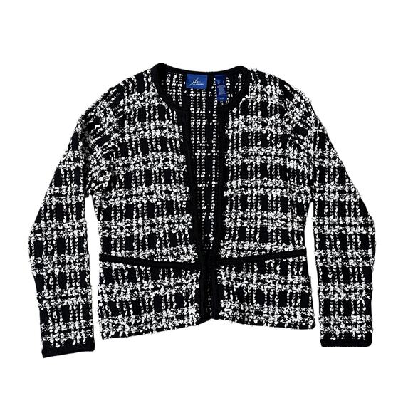 J.H. Collectibles Tweed Boucle Cardigan Sweater L Black White Acrylic Wool Blend - Picture 4 of 8